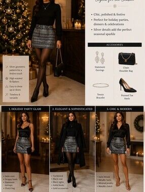 Milly Black Mini Skirt with Silver Geometric Lattice
